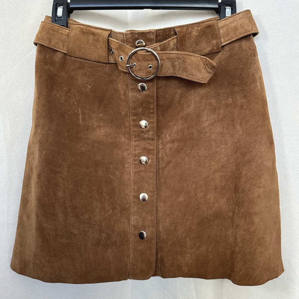 ZARA WOMAN Brown Suede Leather A Line Snap Front Belted Mini Skirt S 90s Biker - Picture 3 of 10